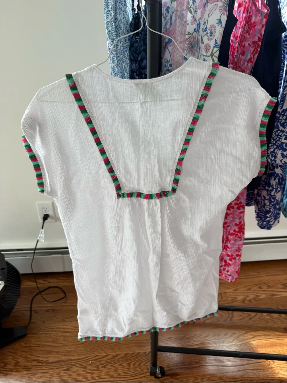 J. Crew White Cotton Tassel Peasant Top with Pink and Green Trim